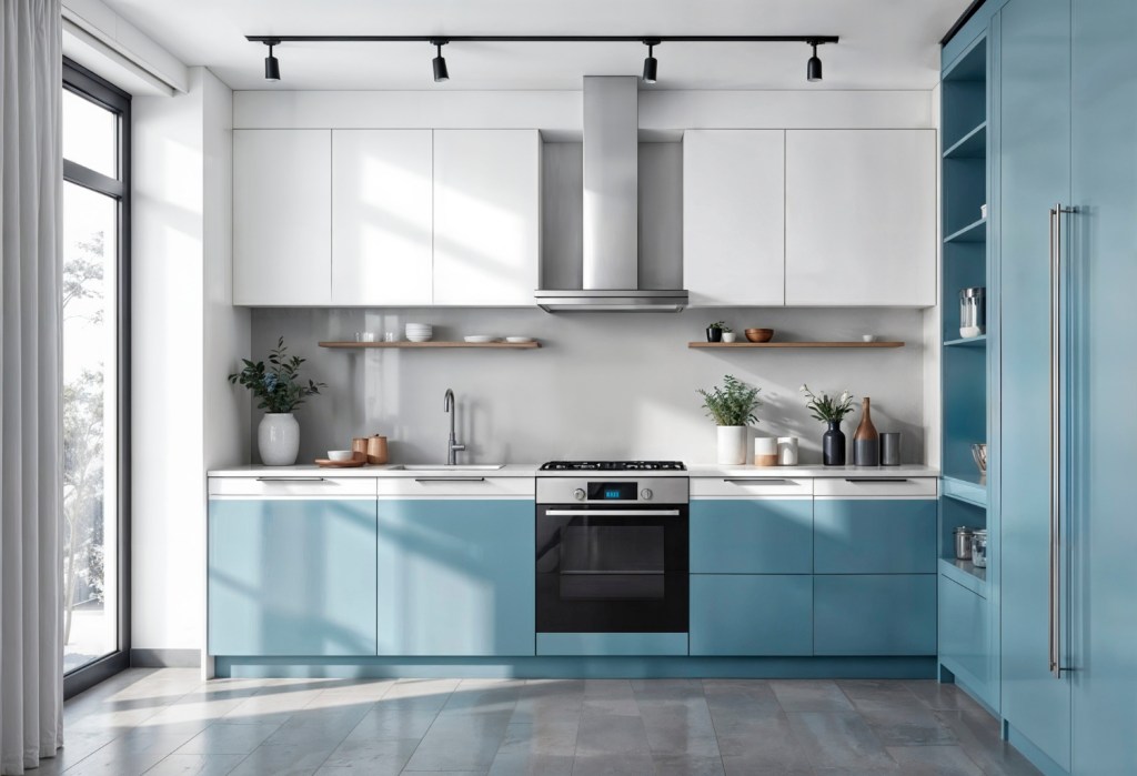 Gilbert kitchen renovation with blue cabinetry, backsplash, and upgraded lighting