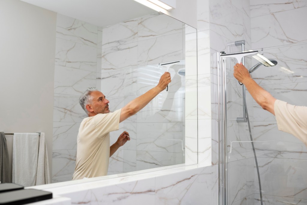 Modern master bathroom remodel with double vanity and quartz countertop